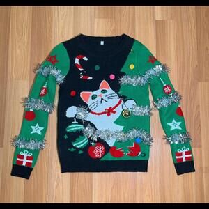 Ugly Christmas Sweater Cat Tree Ornament Silver Tinsel size medium women’s